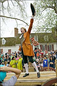 Interpreter Ken Johnston rallies the crowd in the name of fair liberty, the patriot cause, and independence from Great Britain.