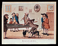 Abroad, horse and foot races were sports of choice for improving a person's
leisure hours. Indoors, a game of cards or billiards, seen here in an
eighteenth-century English print by Henry Bunbury, prompted friendly
competition at the local tavern.