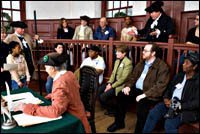 From the Magna Carta to the Bill of Rights to the present, the right of the accused to a jury trial has been a keystone of democratic societies. At the Courthouse of 1770 in the Historic Area, from left, Antoinette Brennan, Joy Ingram, Clayton Williams, Don Kline, Gina DeAngelis, Erica Mueller, John Needre, Taysha Lindsay, Bill Chronis, Robyn Eoff, Kymberly Thomas, David Bianco, Tom Hay, Ywone Edwards-Ingram, and Audrey
DeAngelis.