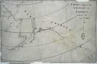 Showing the Bering Strait and parts of the Northwest and Alaska, Cook’s chart traces the Resolution and Discovery’s voyage.