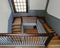 An unequal riser on a staircase was the result of faulty
carpentry, not a colonial burglar detector to trip thieves.