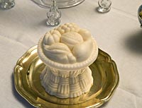 Ice cream fruit sits atop an ice cream wickerwork basket.