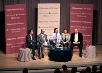 In Colonial Williamsburg’s Hennage Auditorium, from left, Amr Hamzawy, Samy Atya, Joshua Stacher, Manar El-Shorbagy, and Amr Darrag.