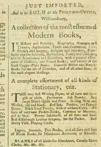 The Williamsburg Printing Office sold everything from novels and Bibles to ledgers, pencils, pens, paper, and playing cards.