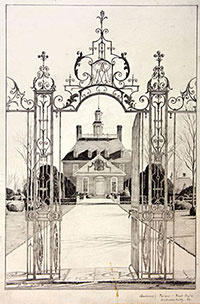 In Thomas Mott Shaw’s rendering, Colonial Williamburg architects Perry, Shaw, and Hepburn reimagined what the Palace looked like on the eve of the Revolution. Near the west end of Duke of Gloucester Street, the Palace balanced the Capitol one mile down on the east side.