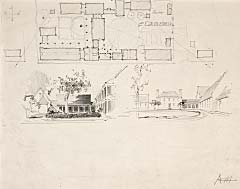 Early Scheme for the Williamsburg Inn plan; Elevation and Sections by Andrew Hepburn, 1927.